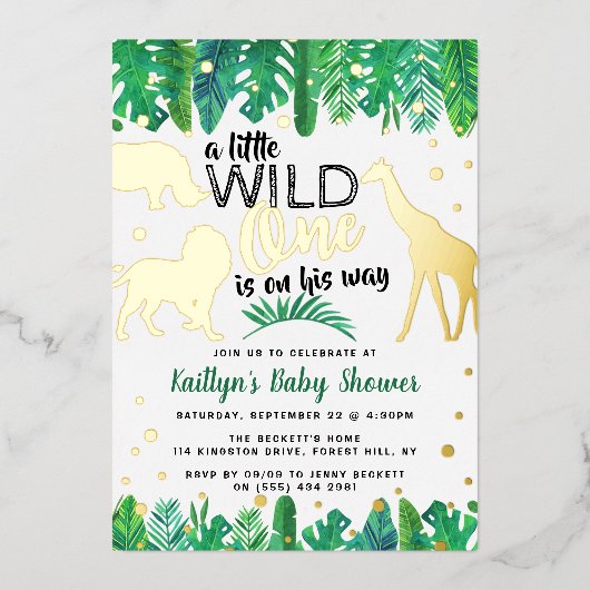 男の子の赤ちゃんシャワーを彼の道に少し野生の人 箔招待状 (正面)