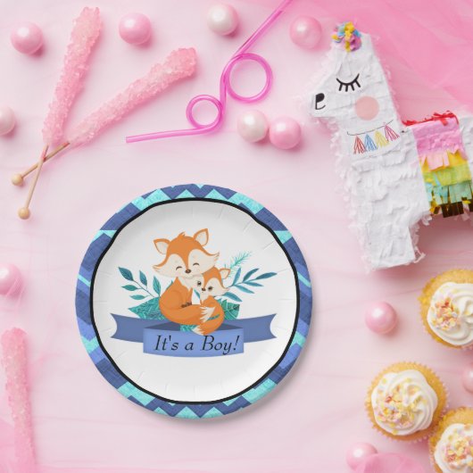 男の子の赤ちゃんシャワーキツネブルー紙プレート動物 ペーパープレート (パーティー)
