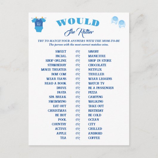 男の子の赤ちゃんシャワーゲーム予測とアドバイス。 ポストカード (正面)