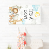 男の子の赤ちゃんシャワーサファリジャングル動物かわいい 横断幕 (インサイチュ)