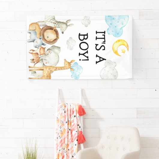 男の子の赤ちゃんシャワーサファリジャングル動物かわいい 横断幕 (インサイチュ)