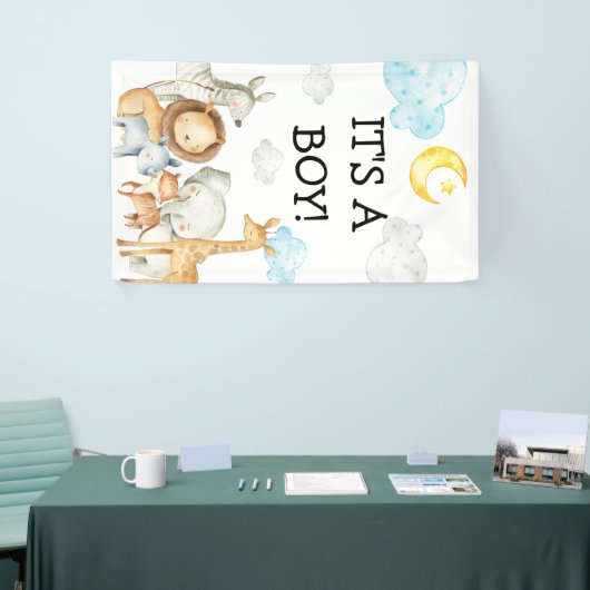 男の子の赤ちゃんシャワーサファリジャングル動物かわいい 横断幕 (トレードショー)