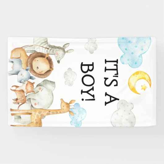 男の子の赤ちゃんシャワーサファリジャングル動物かわいい 横断幕 (横)