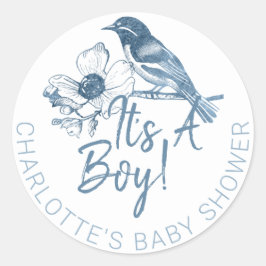 男の子の赤ちゃんシャワーステッカーだ – Dusty Blue Bird ラウンドシール