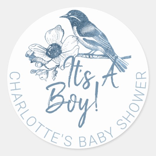男の子の赤ちゃんシャワーステッカーだ – Dusty Blue Bird ラウンドシール (正面)
