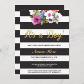 男の子の赤ちゃんシャワーストライプ金ゴールドフローラ招待状 招待状 (正面/裏面)