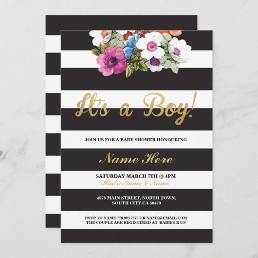 男の子の赤ちゃんシャワーストライプ金ゴールドフローラ招待状 招待状 (正面/裏面)