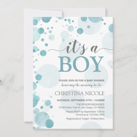 男の子の赤ちゃんシャワーブルードット招待状 招待状 (正面)