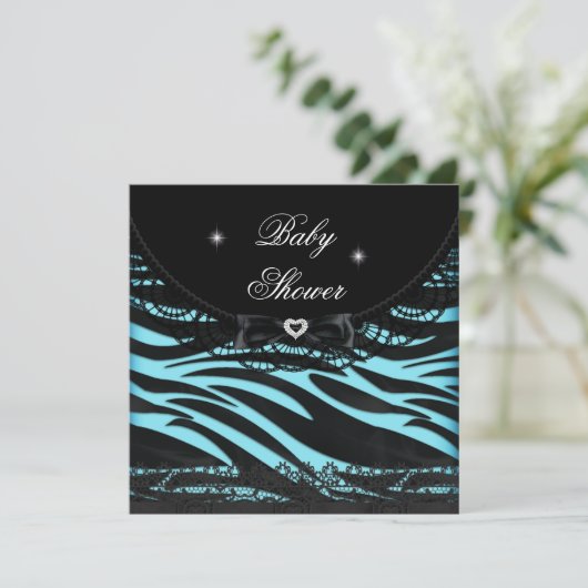 男の子の赤ちゃんシャワーブルーブラックゼブラ 招待状 (スタンド正面)