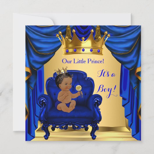 男の子の赤ちゃんシャワープリンス王室のブルー金ゴールドダークスキン 招待状 (正面)
