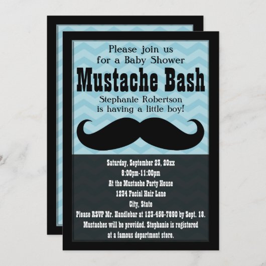 男の子の赤ちゃんシャワーヴィンテージ青い口ひげバッシュ 招待状 (正面/裏面)