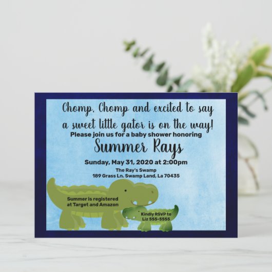男の子の赤ちゃんシャワー招待状、アリゲーターベイビーシャワー 案内状 (スタンド正面)