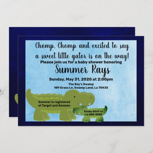 男の子の赤ちゃんシャワー招待状、アリゲーターベイビーシャワー 案内状 (正面/裏面)