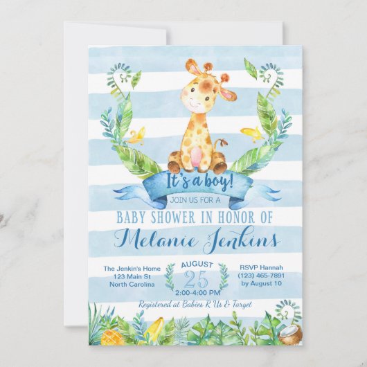 男の子の赤ちゃんシャワー招待状、キリンの赤ちゃんシャワー 招待状 (正面)