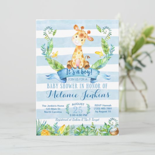 男の子の赤ちゃんシャワー招待状、キリンの赤ちゃんシャワー 招待状 (スタンド正面)