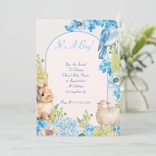 男の子の赤ちゃんシャワー招待青い水の色デザイン セーブザデート (スタンド正面)