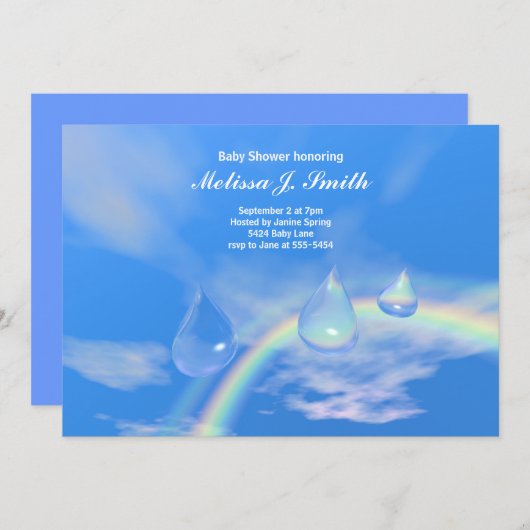 男の子の赤ちゃんシャワー用の青い虹の滴 招待状 (正面/裏面)