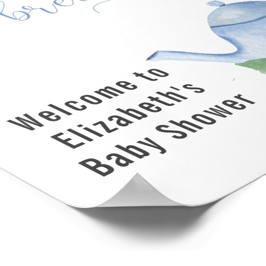 男の子の赤ちゃんシャワー青いティーポットと花へようこそ ポスター (角)