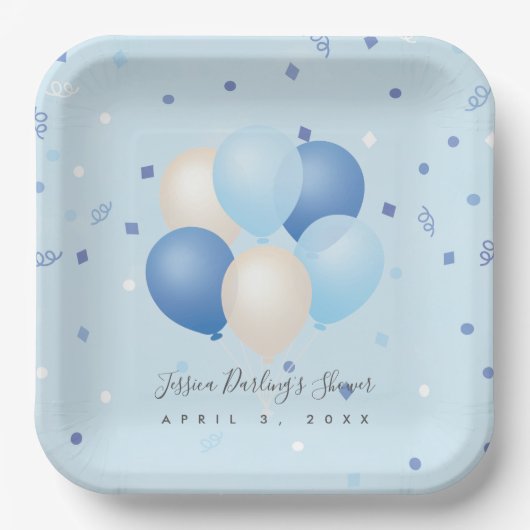 男の子の赤ちゃんシャワー青いバルーン&紙吹雪 ペーパープレート (正面)