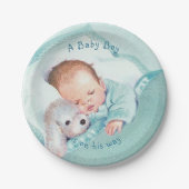 男の子の赤ちゃんシャワー青い毛布おもちゃ犬 ペーパープレート (正面)