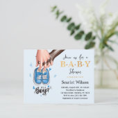 男の子の赤ちゃんシャワー青い男の子の靴招待状 ポストカード (スタンド正面)