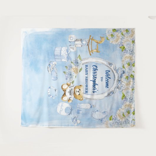 男の子の赤ちゃんシャワー青い花テディベア背景 タペストリー (正面(横))