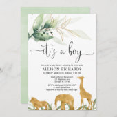 男の子の赤ちゃんシャワー、サファリジャングルの金ゴールド動物 招待状 (正面/裏面)