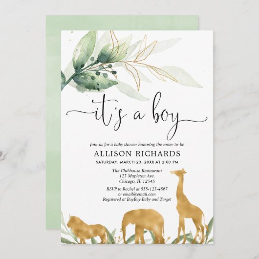 男の子の赤ちゃんシャワー、サファリジャングルの金ゴールド動物 招待状 (正面/裏面)
