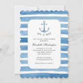 男の子の赤ちゃんシャワー。ブルーいかりヨット招待 招待状 (正面)