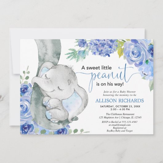男の子の赤ちゃんシャワー、象のフローラ青い水色 招待状 (正面)