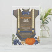 男の子の赤ちゃんシャワーautumn秋ブルーバーラップボディスーツ 招待状 (スタンド正面)