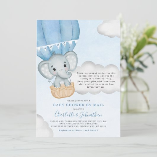 男の子の赤ちゃんシャワーbyメールエレファントブルー 招待状 (スタンド正面)