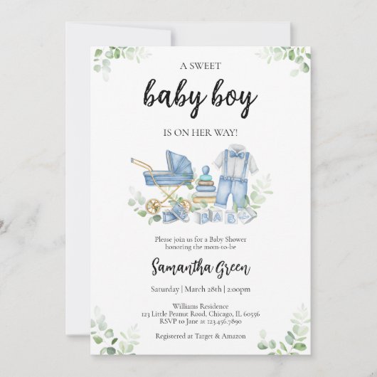 男の子の赤ちゃん服の赤ちゃんシャワー 招待状 (正面)