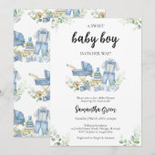 男の子の赤ちゃん服の赤ちゃんシャワー 招待状 (正面/裏面)