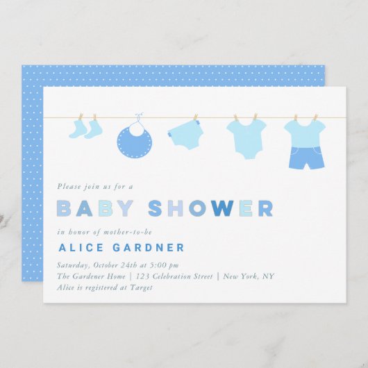 男の子の赤ちゃん服ベビーシャワーパーティー 招待状 (正面/裏面)