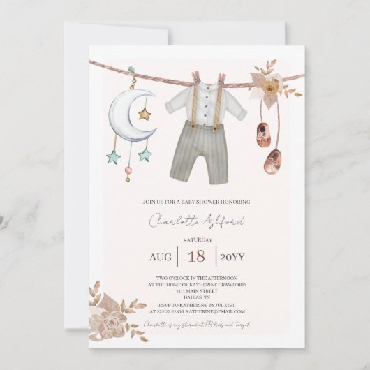 男の子の赤ちゃん服ボホベイビーシャワー招待状 招待状 (正面)