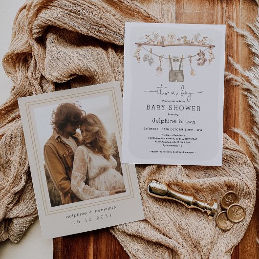 男の子の赤ちゃん服Bohoニュートラルトーンベビーシャワー 招待状