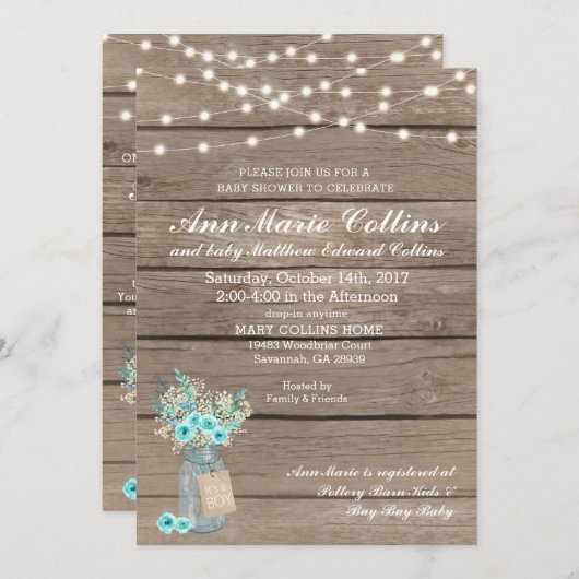 男の子の赤ちゃん素朴シャワー赤ちゃん息ひもライト 招待状 (正面/裏面)