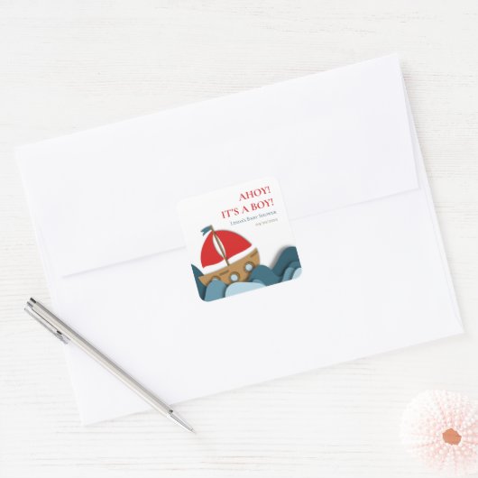 男の子の赤ちゃん航海のシャワーを浴びる スクエアシール (封筒)