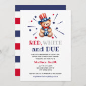 男の子の赤のシャワー7月の4thクマ赤の白と期限 招待状 (正面/裏面)