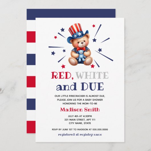 男の子の赤のシャワー7月の4thクマ赤の白と期限 招待状 (正面/裏面)