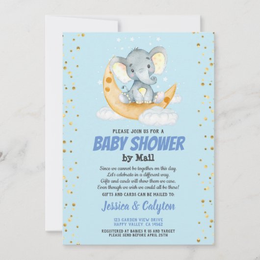 男の子の赤ん坊のシャワーでメール象の月と星 招待状 (正面)