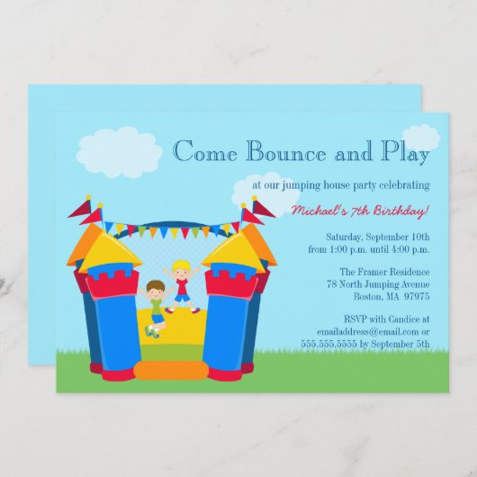 男の子の跳ね上がりの家の誕生日のパーティの招待状 招待状 (正面/裏面)