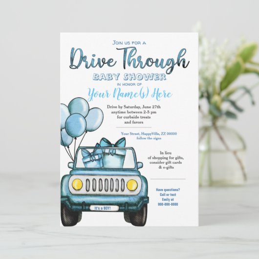 男の子の車で赤ちゃんシャワーブルーカード 招待状 (スタンド正面)