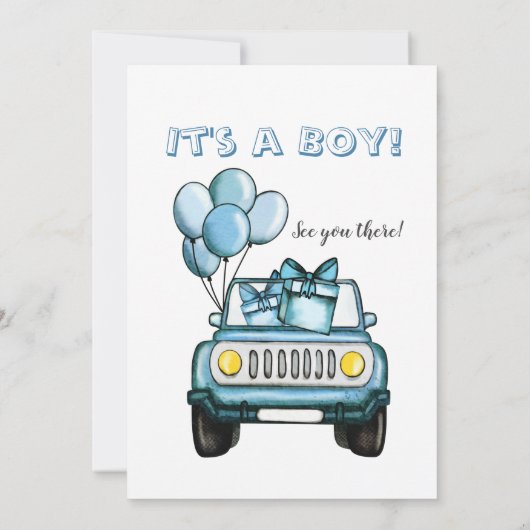 男の子の車で赤ちゃんシャワーブルーカード 招待状 (裏面)