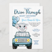 男の子の車で赤ちゃんシャワーHippopotamus 招待状 (正面/裏面)