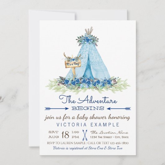 男の子の部族テントのベビーシャワー招待状 招待状 (正面)