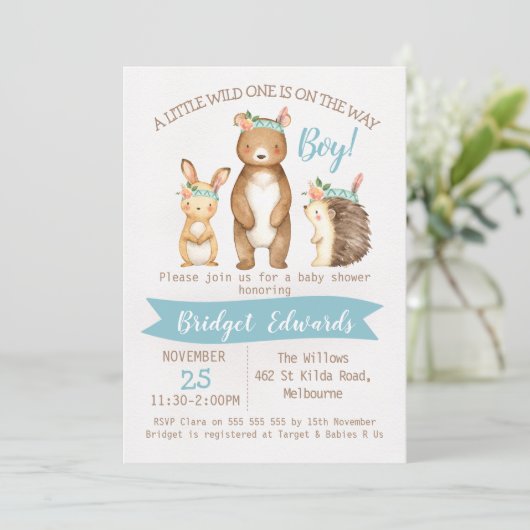 男の子の野生の森林動物のベビーシャワーの招待状 招待状 (スタンド正面)