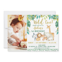 男の子の野生の1匹のサファリの写真の第1誕生日の招待状