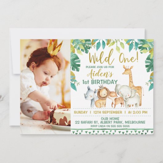 男の子の野生の1匹のサファリの写真の第1誕生日の招待状 招待状 (正面)